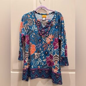 Ruby Rd. Teal Floral V-Neck Tunic with Purple & Orange Accents